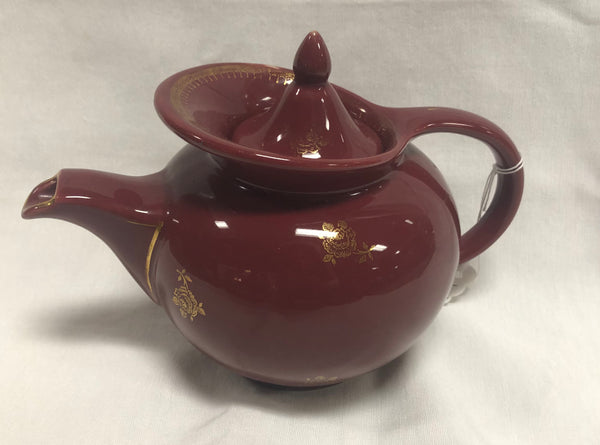Vintage Hall China Co. Burgundy Windshield Teapot w/ Gold Roses