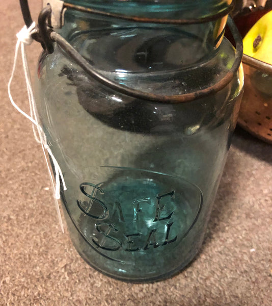 Safe Seal Blue Glass Canning Jar w/ Wire Clamp & Glass Lid