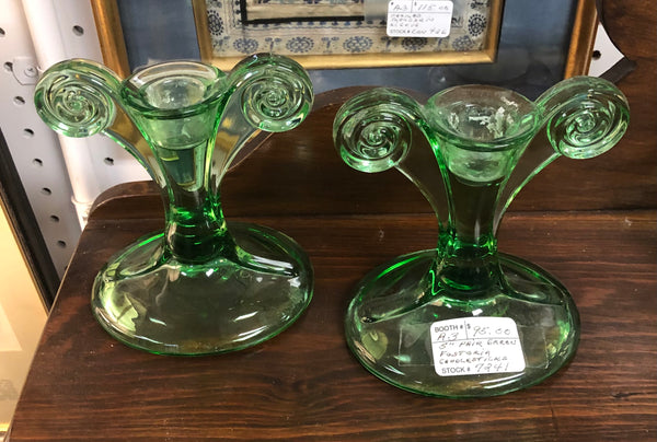 Pair Fostoria 5" Green Glass Candle Holders