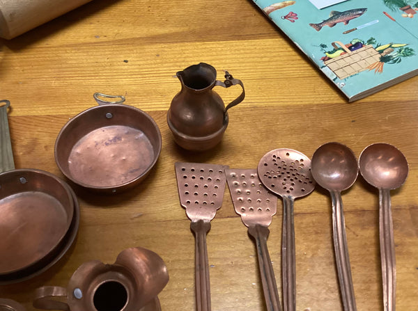 Vintage Child's Miniature Toy Copper 14-pc  Pots and Pans Set