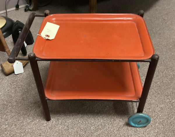 Vintage Wooden Dolly Cart w/ 2 Metal Trays