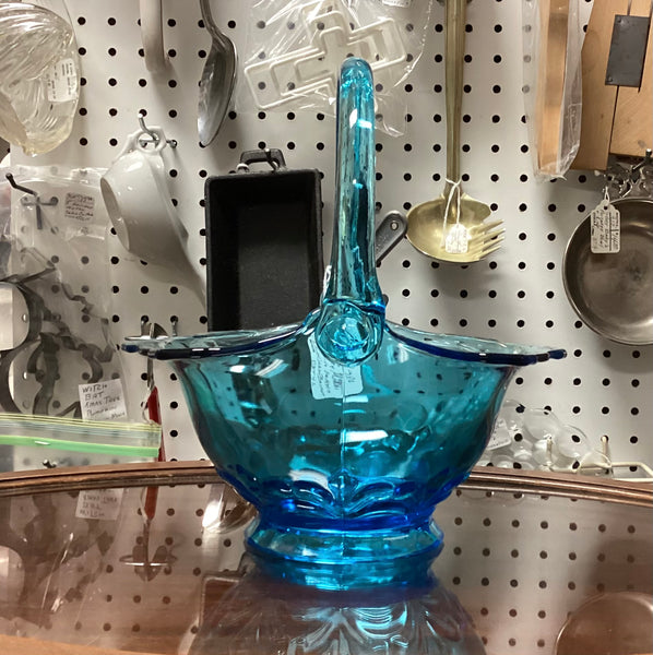 Mid Century Modern Blue Glass Basket Fleur De Lis Pattern
