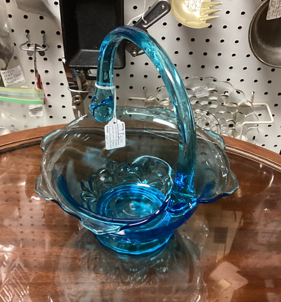 Mid Century Modern Blue Glass Basket Fleur De Lis Pattern