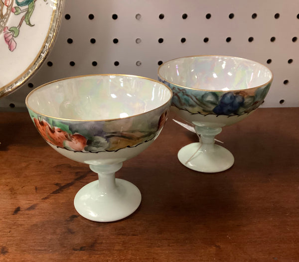 Pair Antique Hand Painted Porcelain Stemmed Punch Cups