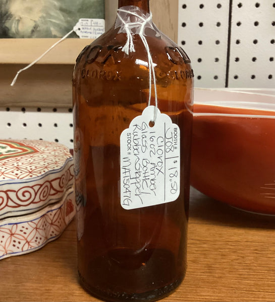 Vintage Clorox Amber Glass 16 Ounce Bottle w/ Rubber Stopper