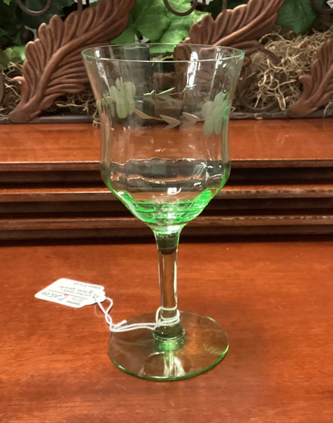 Uranium Green Wine Glass with Etched Flowers