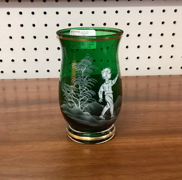 Emerald Green Bohemian Mary Gregory Painted Vase