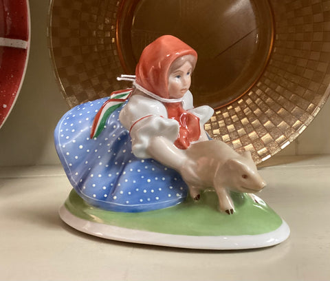 Herend Porcelain Girl w/ Piglet Figurine