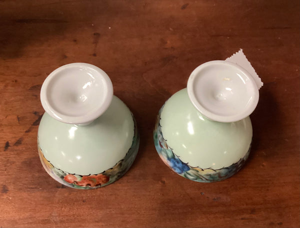 Pair Antique Hand Painted Porcelain Stemmed Punch Cups