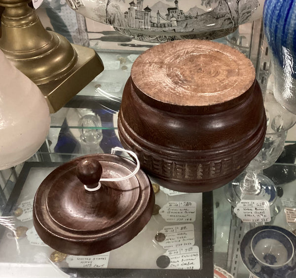 Carved and Turned Antique Wooden Sugar Bowl w/ Lid