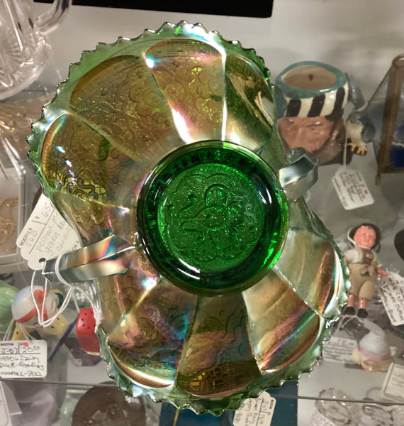 Green Carnival Glass Persian Medallion Double Handled BonBon Dish