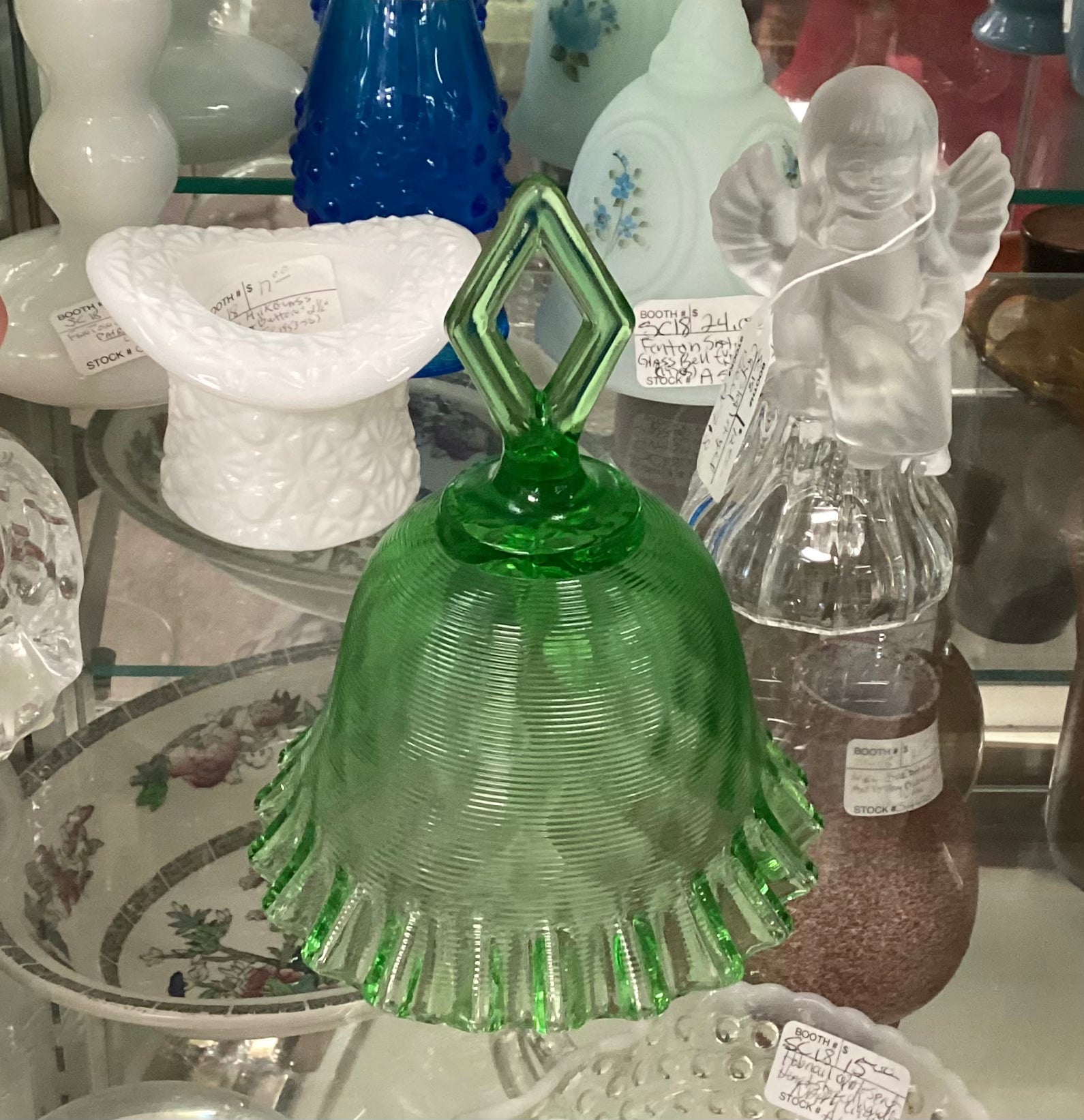 Fenton Green Threaded Diamond Optic Glass Bell w/ Crimped Edge