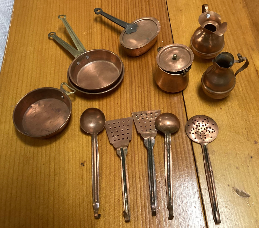 Vintage Child s Miniature Toy Copper 14 pc Pots and Pans Set Williamsburg Antique Mall