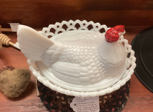 Westmoreland White Milk Glass Hen On a Lacy Nest