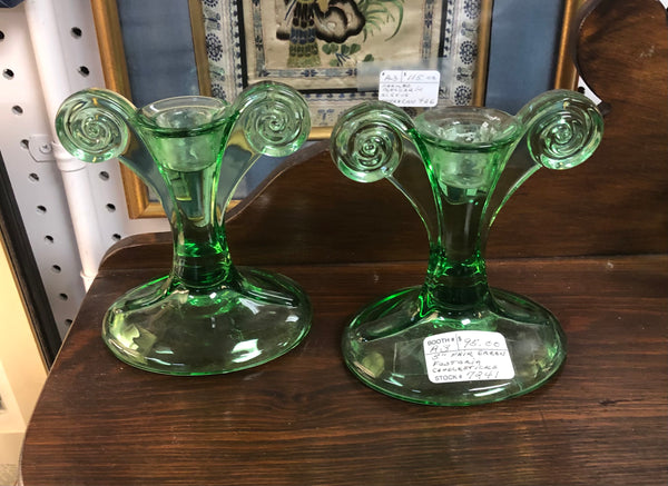Pair Fostoria 5" Green Glass Candle Holders