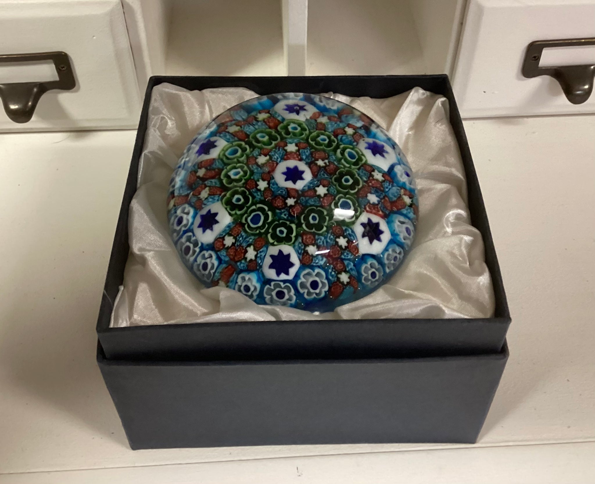 Murano Millefiori Art Glass Paperweight in Original Box