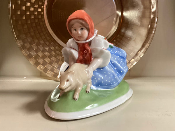 Herend Porcelain Girl w/ Piglet Figurine