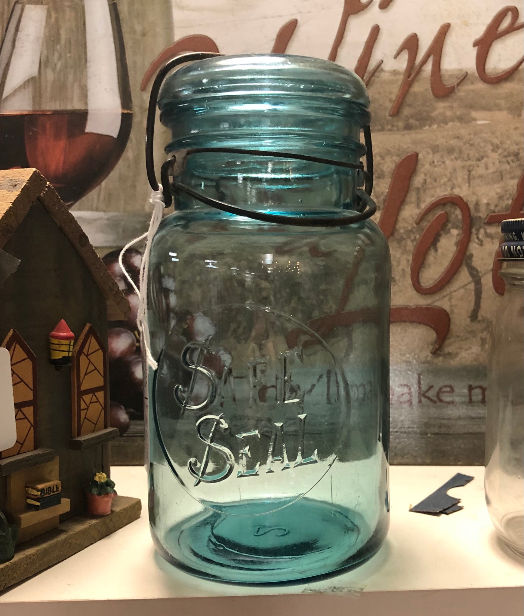 Safe Seal Blue Glass Canning Jar w/ Wire Clamp & Glass Lid