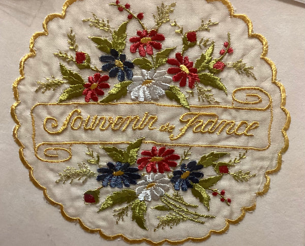 Framed WWII Era Embroidered Souvenir of France