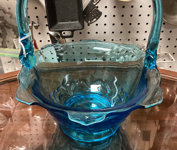 Mid Century Modern Blue Glass Basket Fleur De Lis Pattern