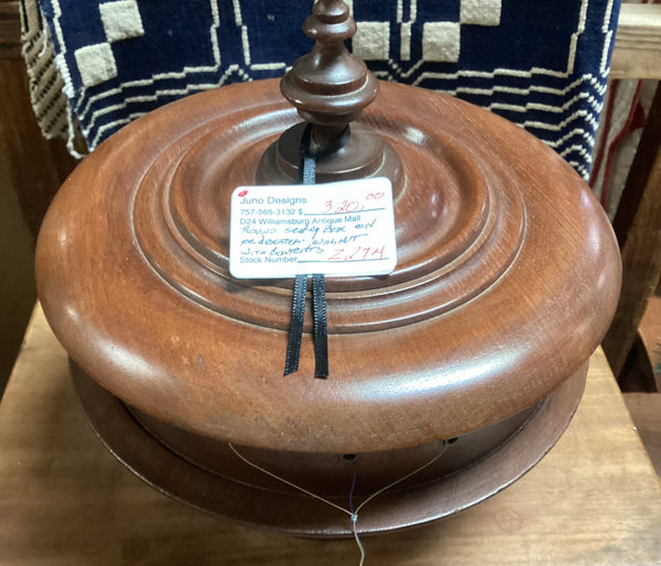 Round Walnut Pedestal Sewing Box w/ Contents