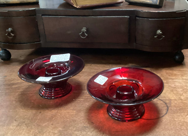 Pair New Martinsville Glass Co. Ruby Moondrops Single Light Candle Holders