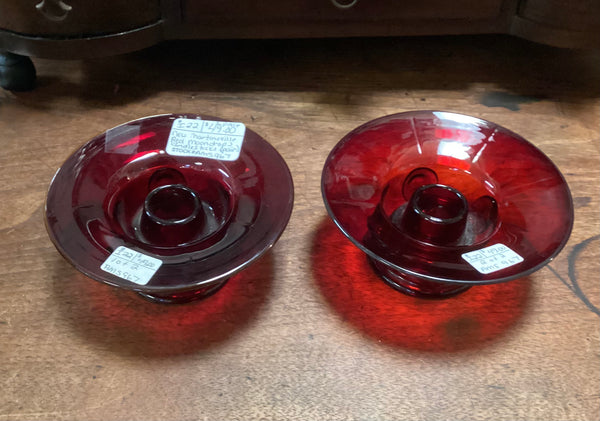 Pair New Martinsville Glass Co. Ruby Moondrops Single Light Candle Holders