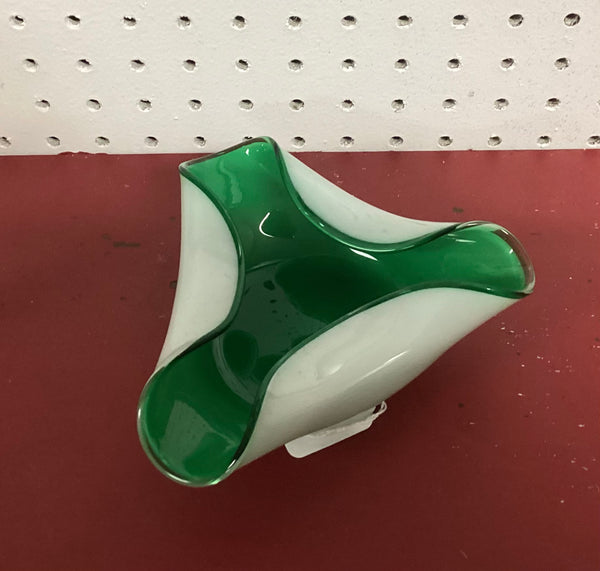 Cased Murano Green & White Art Glass Folded Bowl