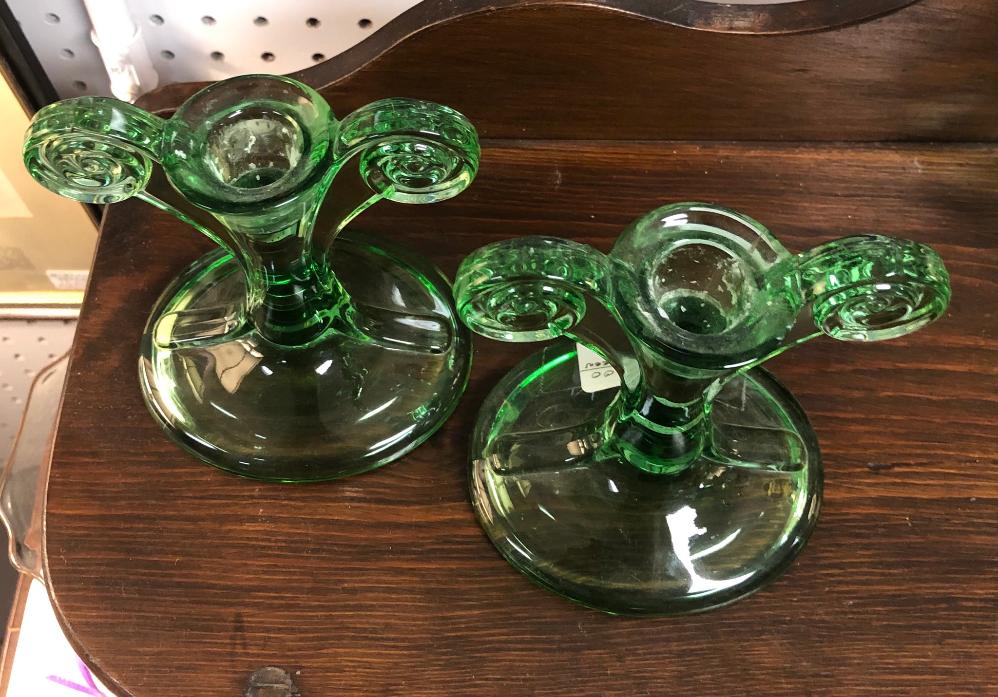 Green top glass waterford crystal genie candlestick holders set