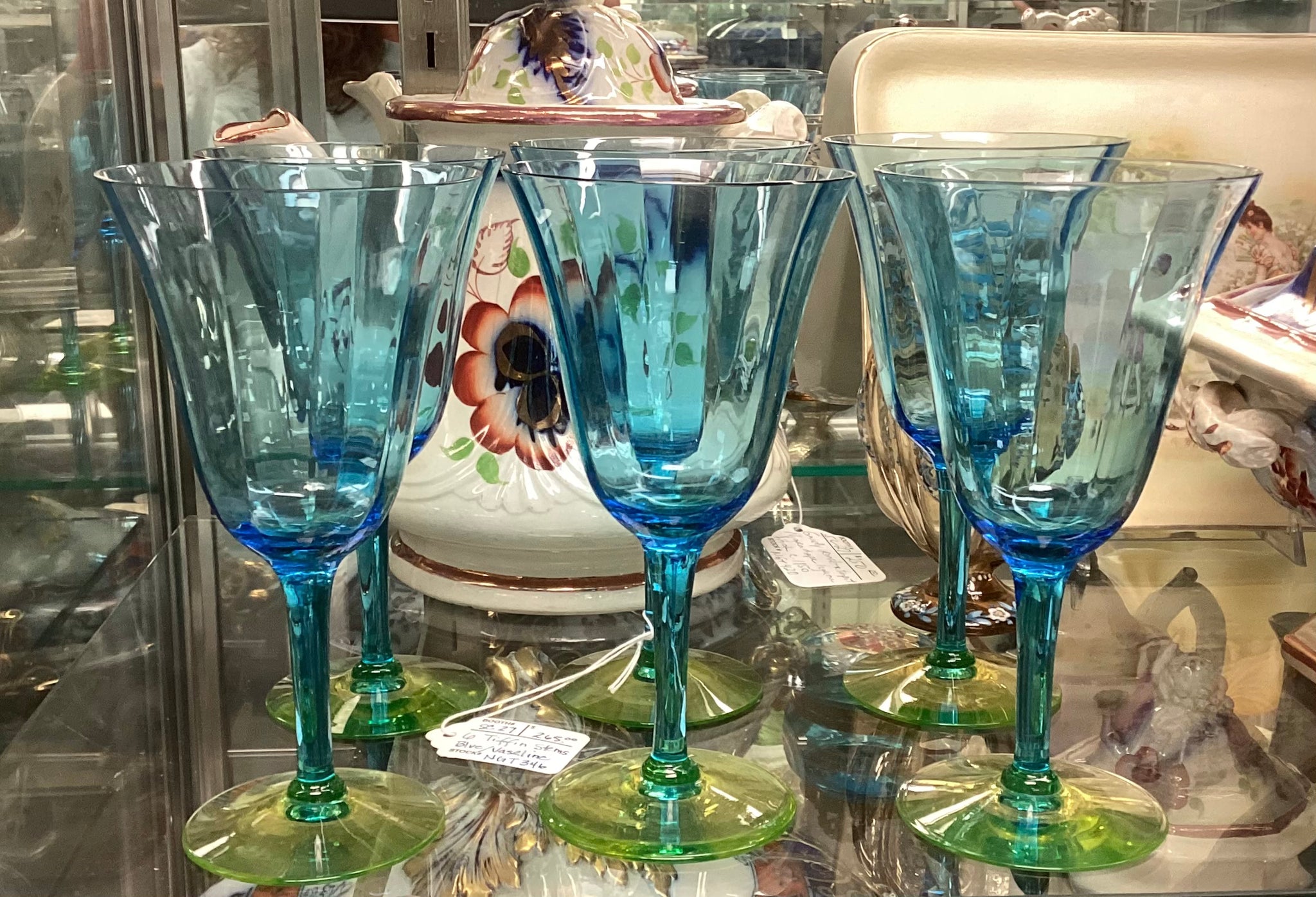 Set of 6 Tiffin Stemmed Blue and Vaseline Glasses