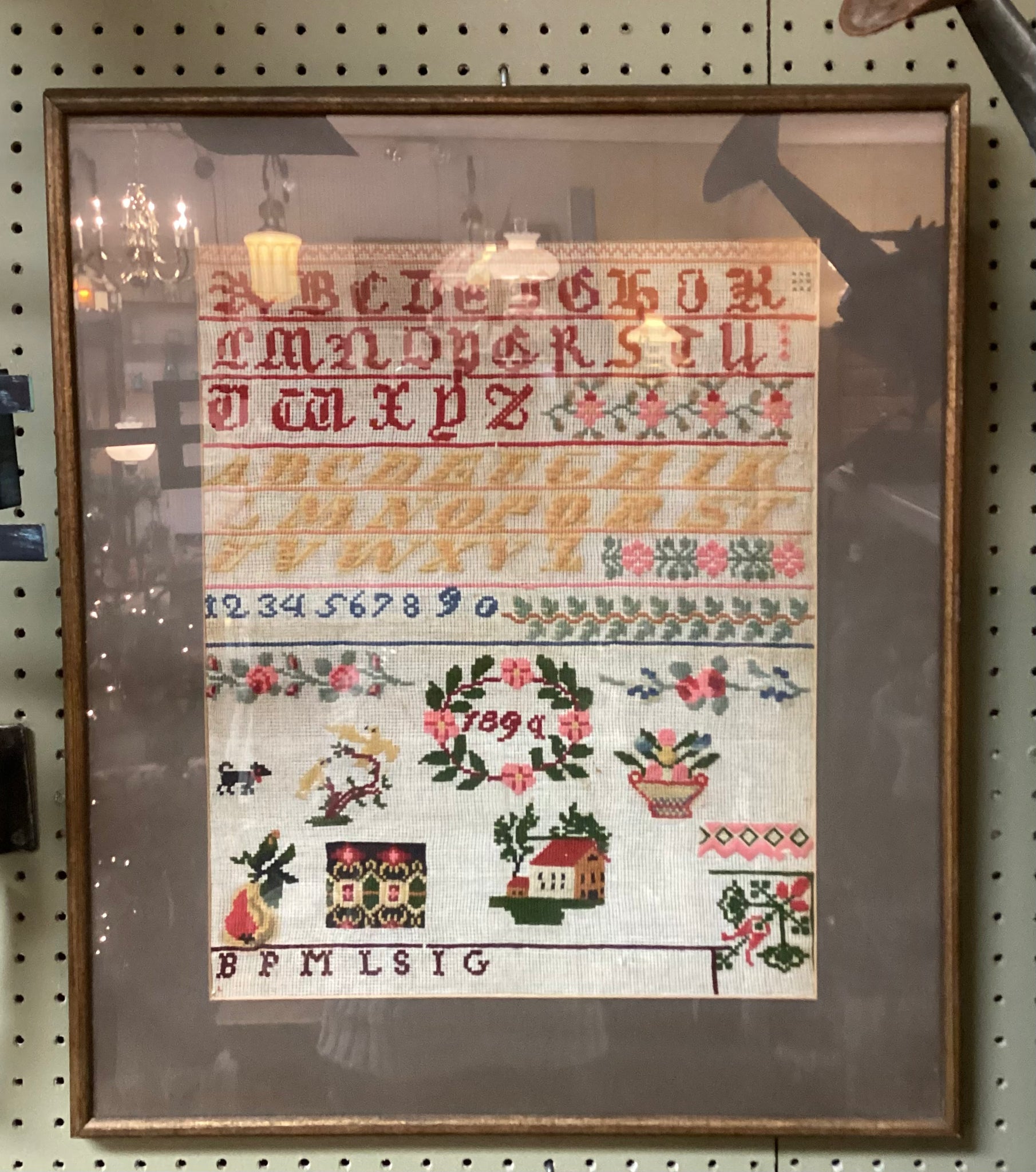 Framed 1894 Needlework Sampler Wool on Gauze