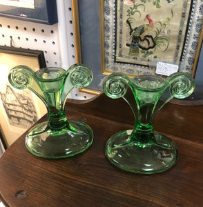 Pair Fostoria 5" Green Glass Candle Holders