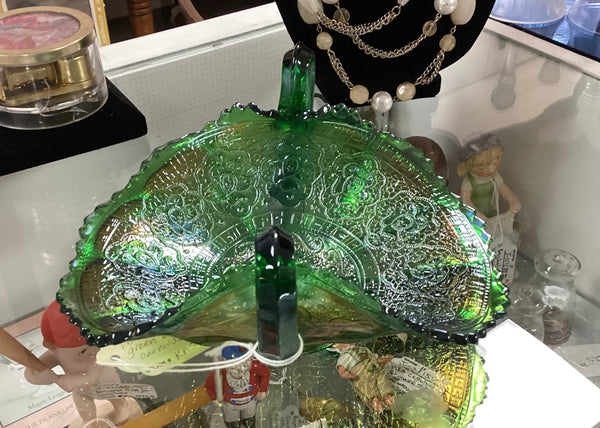 Green Carnival Glass Persian Medallion Double Handled BonBon Dish