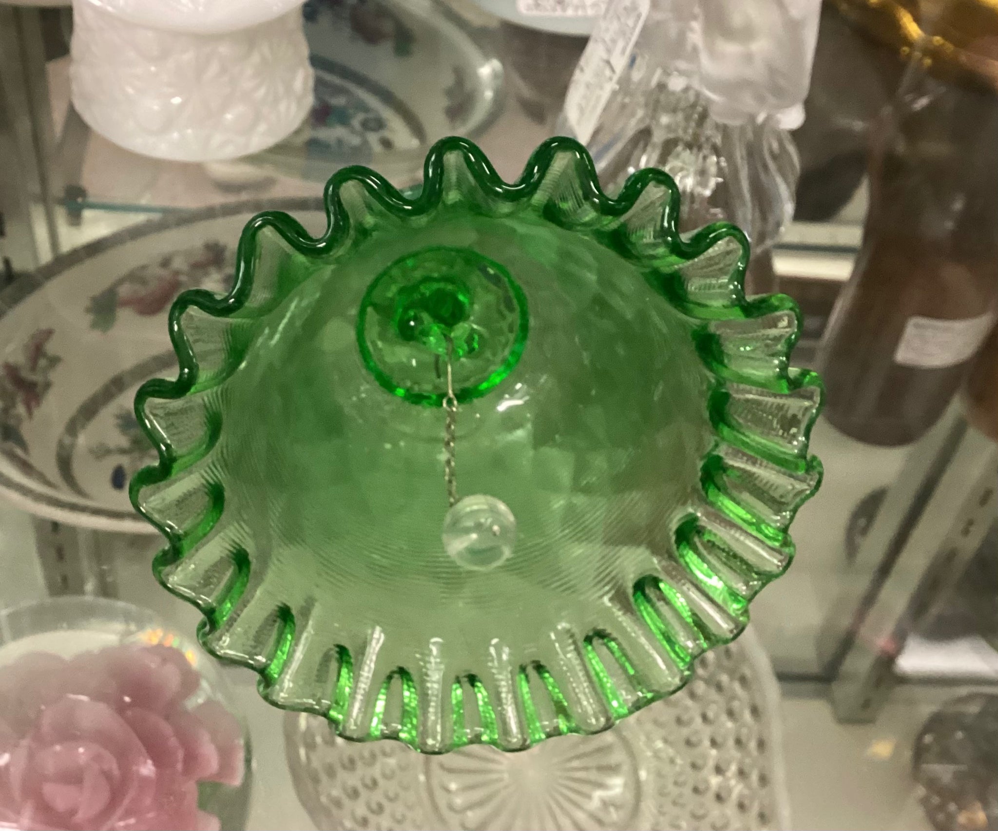 Fenton Green Threaded Diamond Optic Glass Bell w/ Crimped Edge