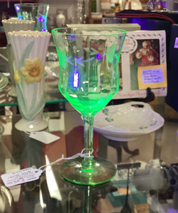 Uranium Green Wine Glass with Etched Flowers