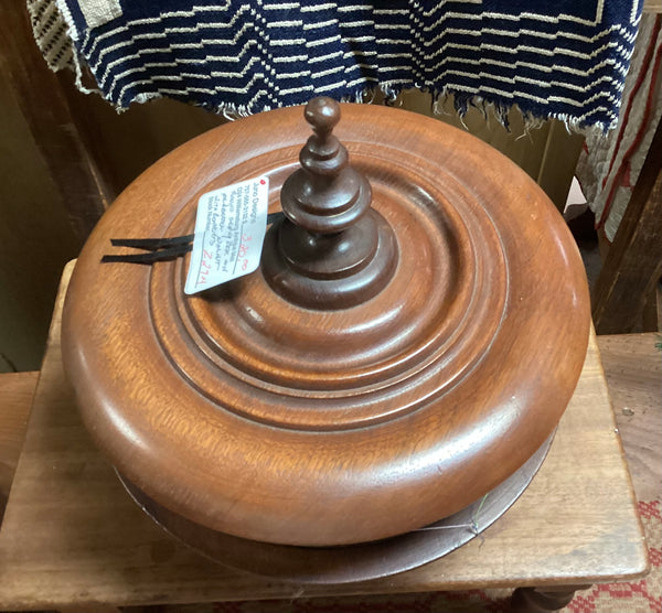 Round Walnut Pedestal Sewing Box w/ Contents