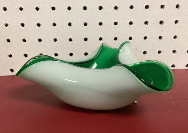 Cased Murano Green & White Art Glass Folded Bowl