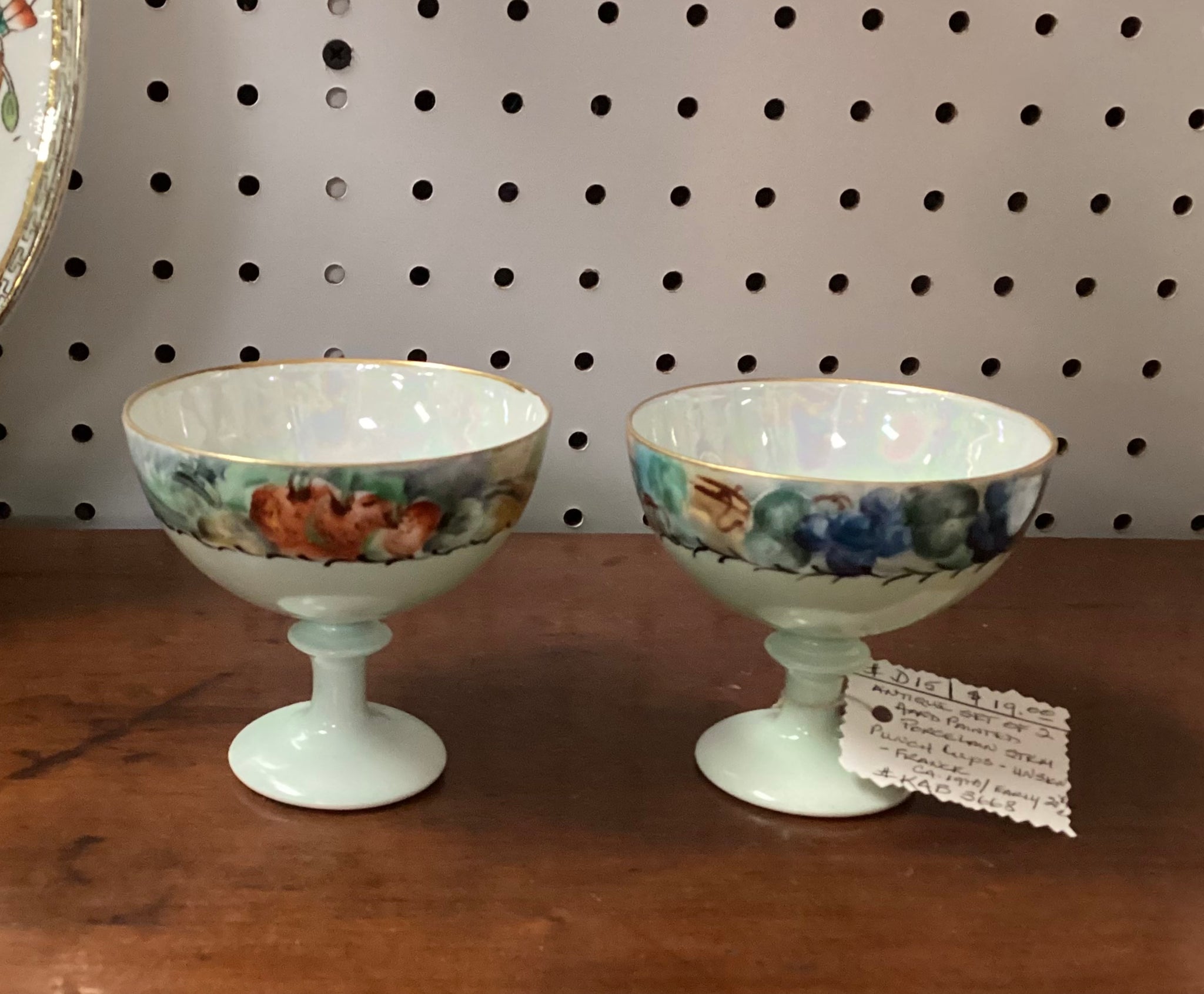 Pair Antique Hand Painted Porcelain Stemmed Punch Cups