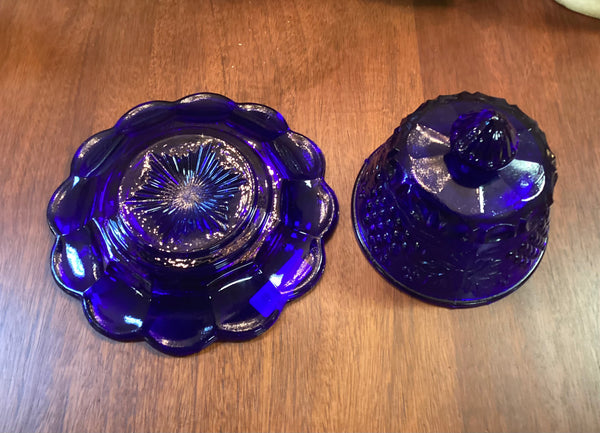 Mosser Glass Cobalt Blue Grape & Cable Round Covered Butter Dish