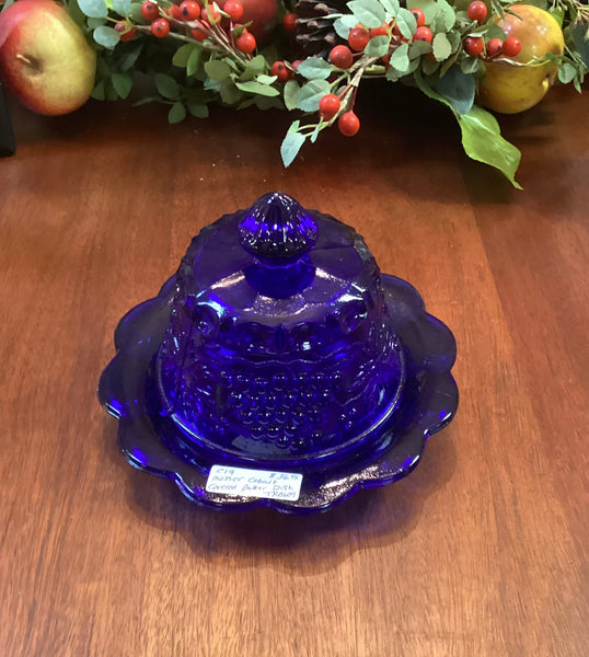 Mosser Glass Cobalt Blue Grape & Cable Round Covered Butter Dish