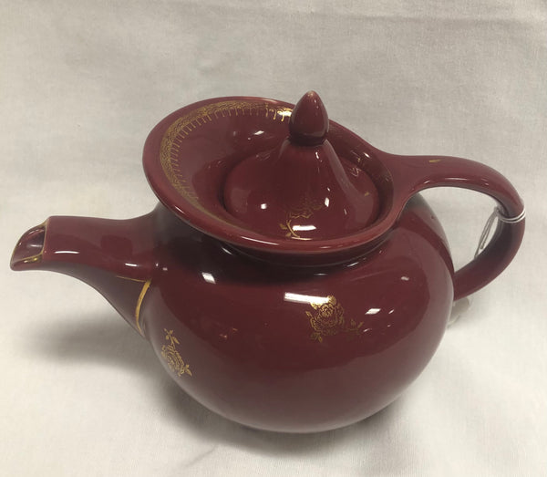 Vintage Hall China Co. Burgundy Windshield Teapot w/ Gold Roses