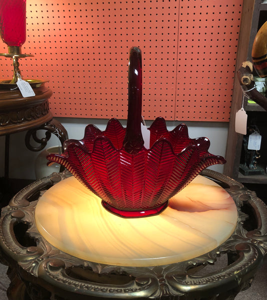 L.E. Smith Ruby Red Feather Glass Basket