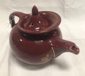 Vintage Hall China Co. Burgundy Windshield Teapot w/ Gold Roses