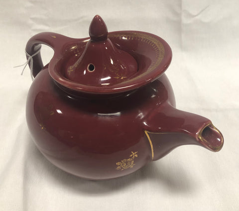 Vintage Hall China Co. Burgundy Windshield Teapot w/ Gold Roses