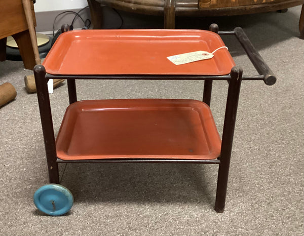 Vintage Wooden Dolly Cart w/ 2 Metal Trays