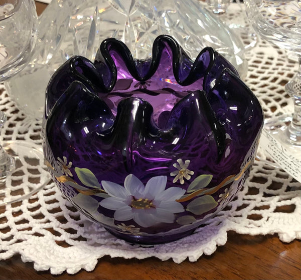 Fenton Art Glass Hand Painted Diamond Jubilee Collection Purple Rose Bowl