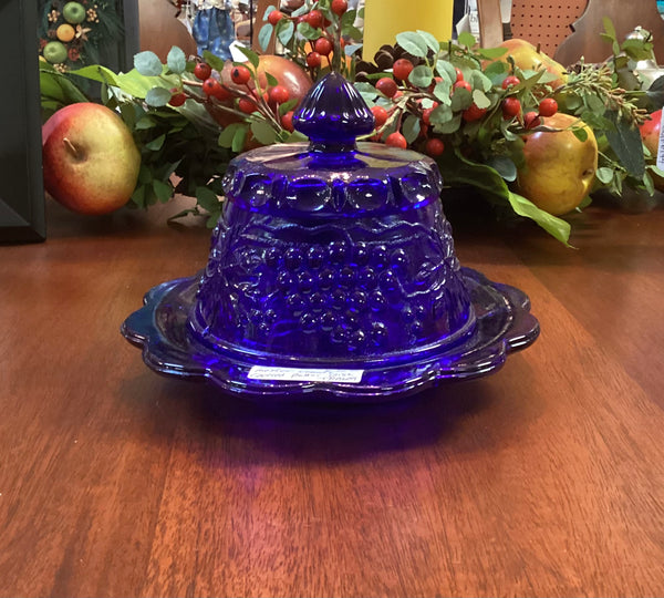 Mosser Glass Cobalt Blue Grape & Cable Round Covered Butter Dish